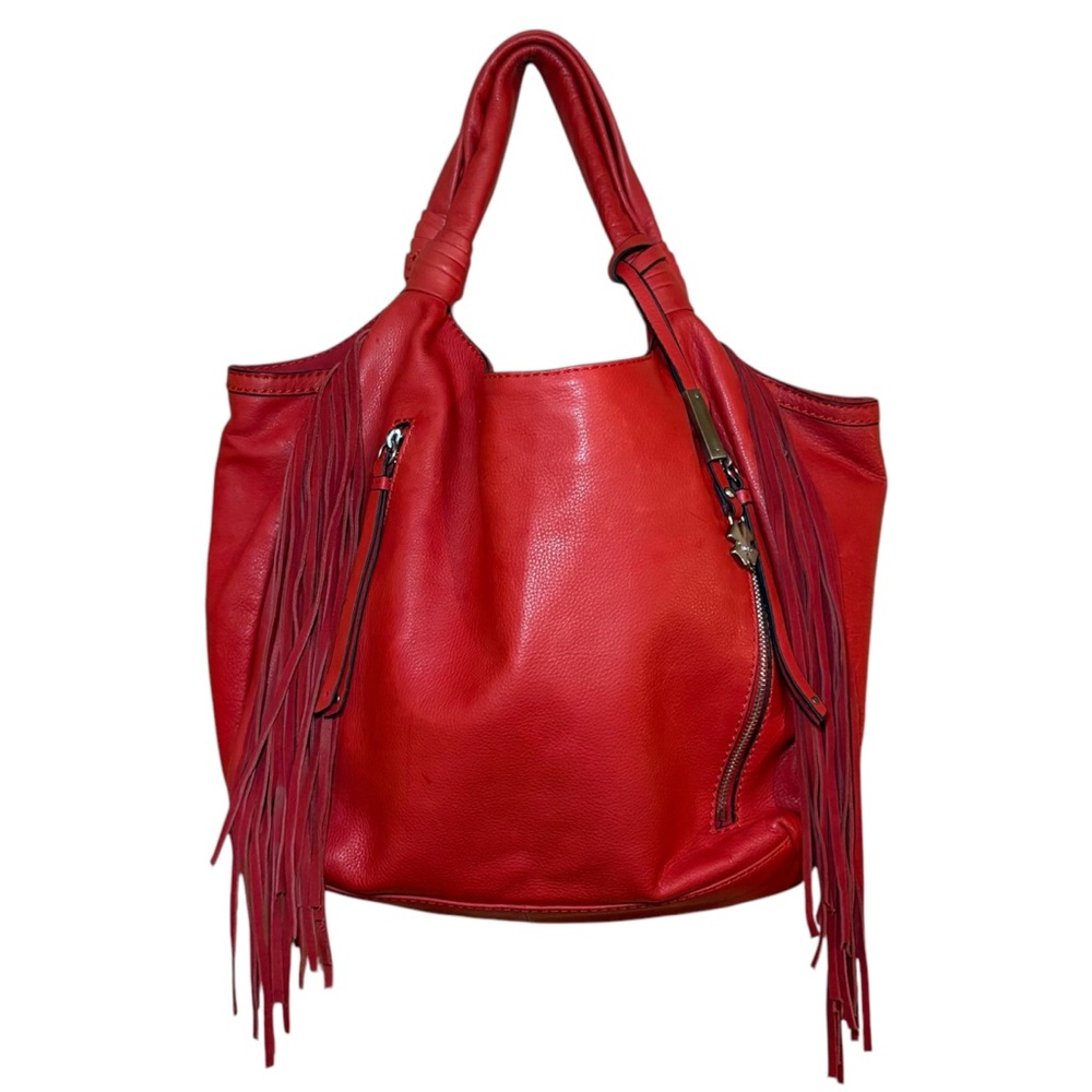 Red Lucky Brand Loredo Fringed Leather Boho Hobo Tote